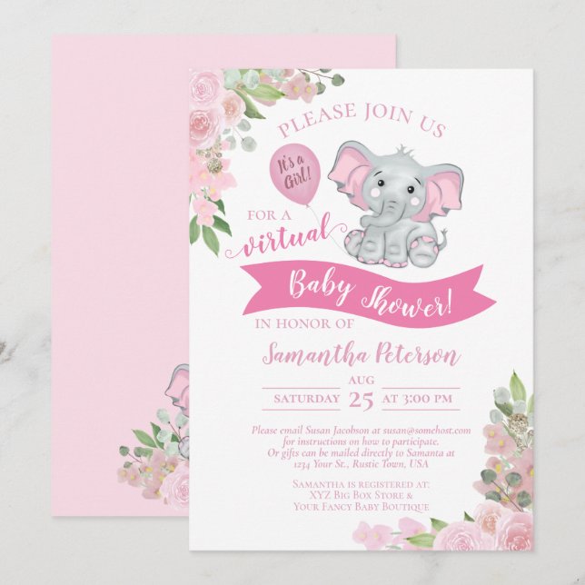 Invitation Eléphant rose & Floral Virtual Baby Girl Douche (Devant / Derrière)