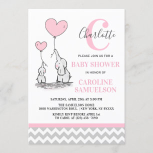 Invitation Eléphant rose moderne BABY SHOWER bébé fille