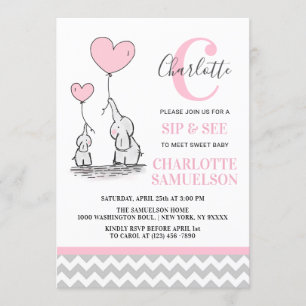 Invitation Eléphant rose moderne SIP & VOIR Baby Girl