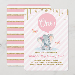 Invitation Eléphant rose or 1er premier anniversaire Twinkle 