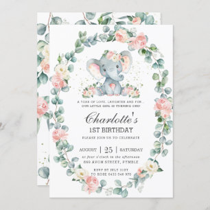 Invitation Eléphant rose pâle Vert Floral 1er anniversaire