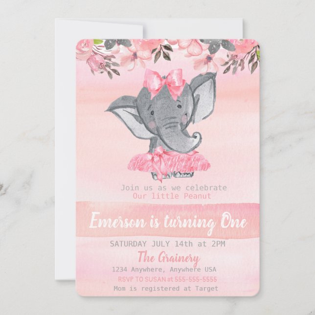 Invitation Eléphant rose Premier anniversaire, Filles d'arach (Devant)