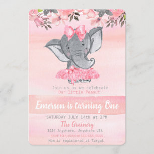 Invitation Eléphant rose Premier anniversaire, Filles d'arach