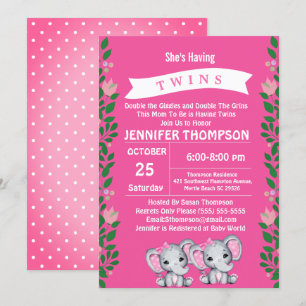 Invitation Eléphant rose Twin Girls