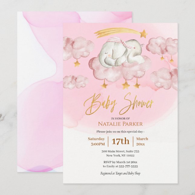 Invitation Eléphant rose Twinkle Little Star Girl Baby shower (Devant / Derrière)