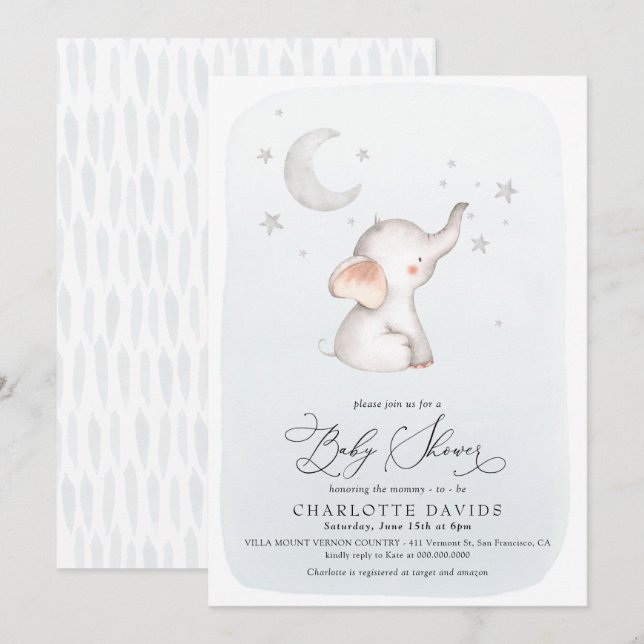 Invitation Elephant Stars Lune Dusty Blue Boy Baby shower (Devant / Derrière)
