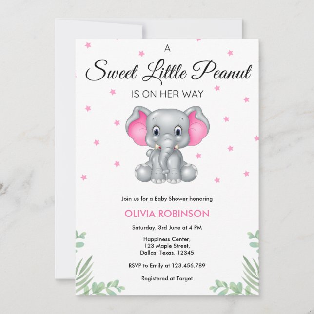 Invitation Eléphant Sweet Little Peanut Girl Baby shower (Devant)