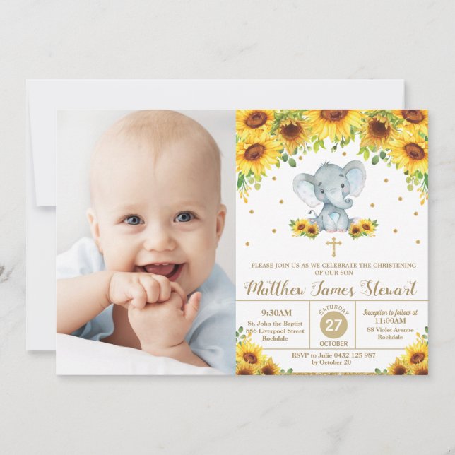 Invitation Eléphant Tournesol Christening Baptême garçon Phot (Devant)
