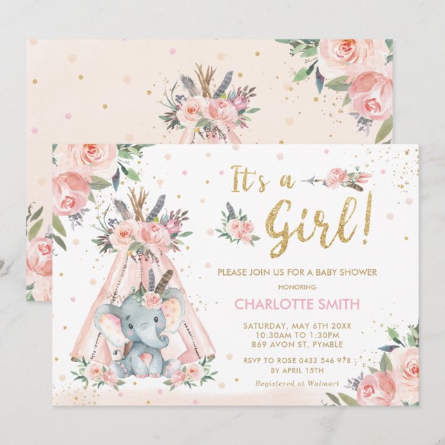 Invitation Elephant Tribal Blush Floral Girl Baby shower (Devant / Derrière)