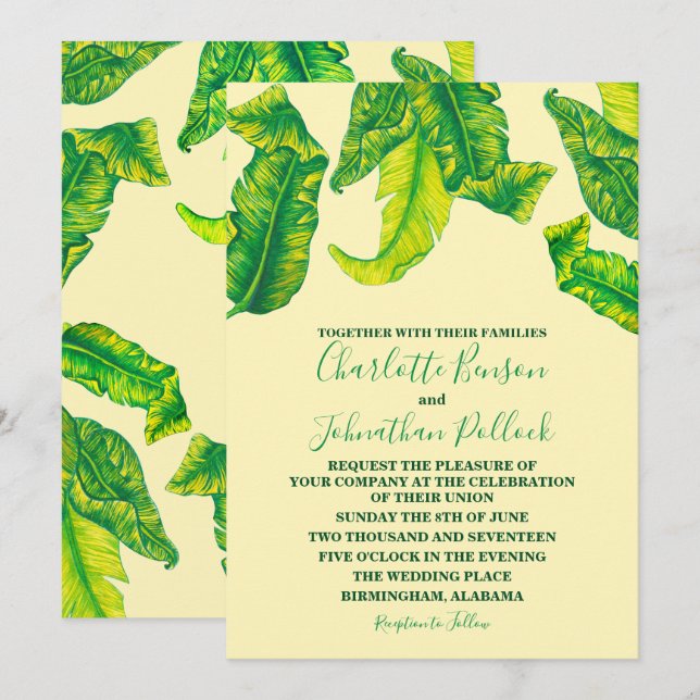 Invitation Éléphant Tropicana Gold Leaves Tropical Wedding (Devant / Derrière)