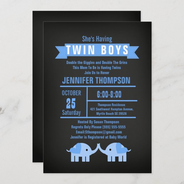 Invitation Elephant Twin Boys Chalkboard Baby shower (Devant / Derrière)