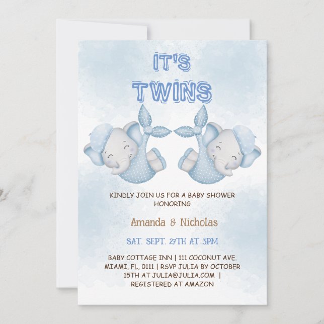 Invitation Elephant Twin Boys Dusty Baby shower bleu (Devant)