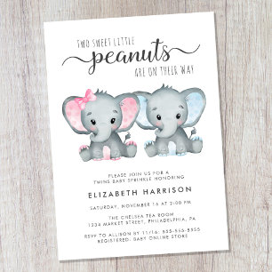 Invitation Elephant Twin Girl Garçon Bébé Sprinkel