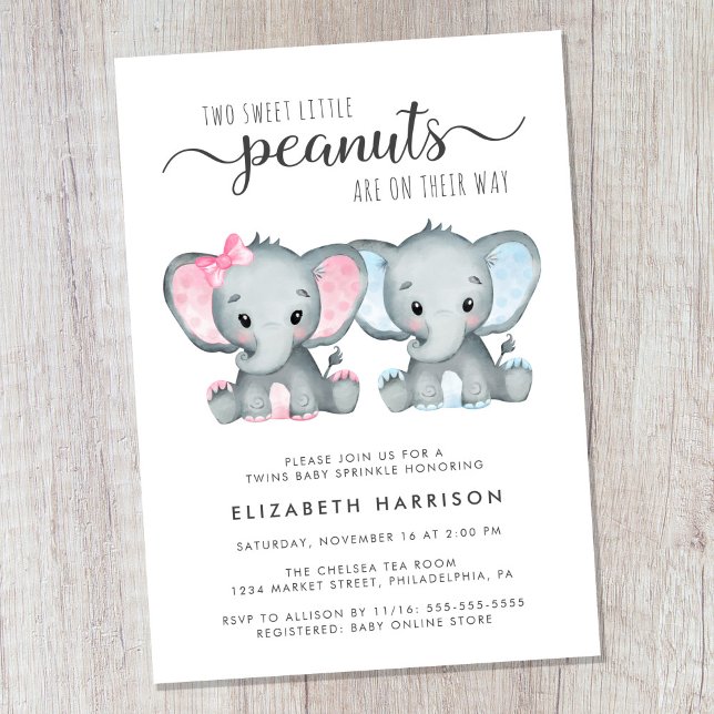 Invitation Elephant Twin Girl Garçon Bébé Sprinkel (Cute twin boy and girl baby sprinkle invitation)