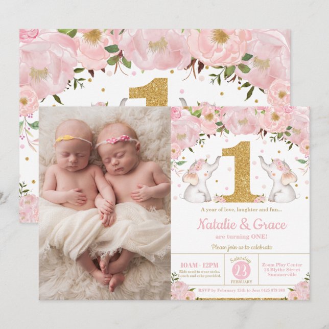 Invitation Eléphant Twin Girls 1er Birthday Twins Photo (Devant / Derrière)