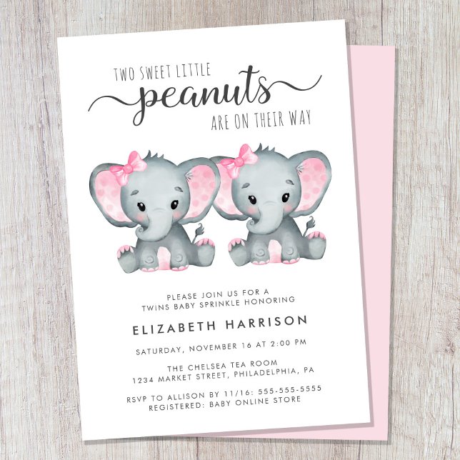 Invitation Eléphant Twin Girls Baby Sprinkl (Cute twin girls baby sprinkle invitation)