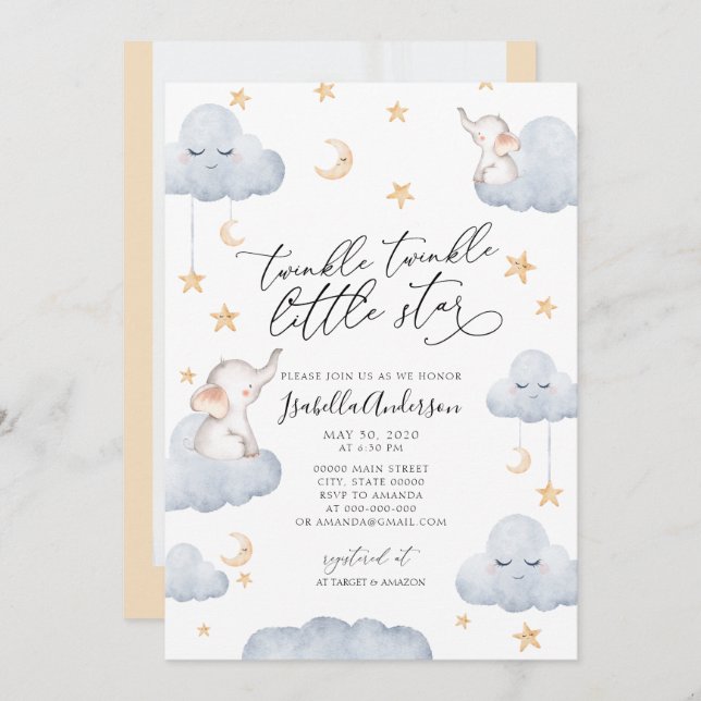 Invitation Eléphant Twinkle Petit Baby shower jaune étoile (Devant / Derrière)