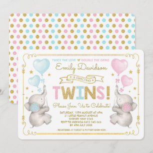 Invitation Elephant Twins Baby shower bleu rose or garçon fil