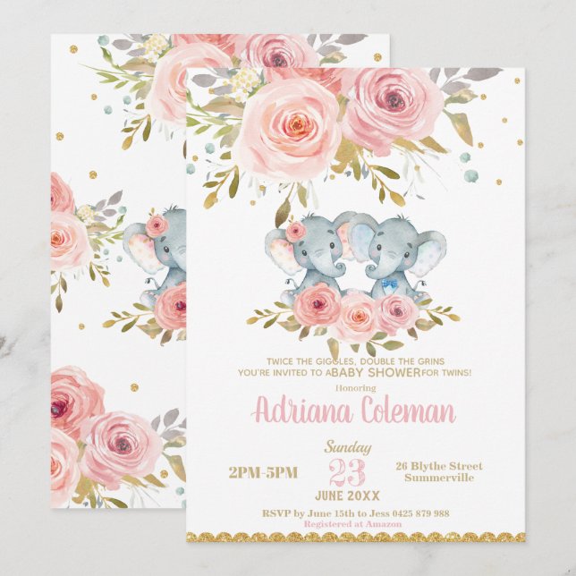 Invitation Eléphant Twins Boy Girl Baby shower Floral rose (Devant / Derrière)