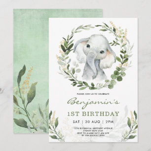 Invitation Eléphant vert moderne Green Gold 1er anniversair
