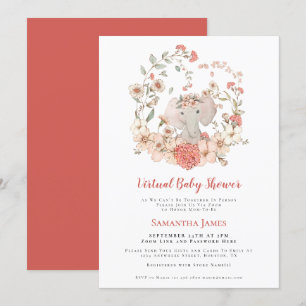 Invitation Elephant Vintage Foliage Coral Baby shower virtuel