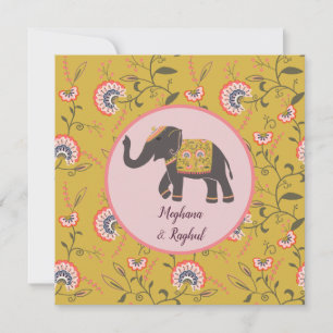 Invitation Elephant Vintage Jaune Motif Mariage indien