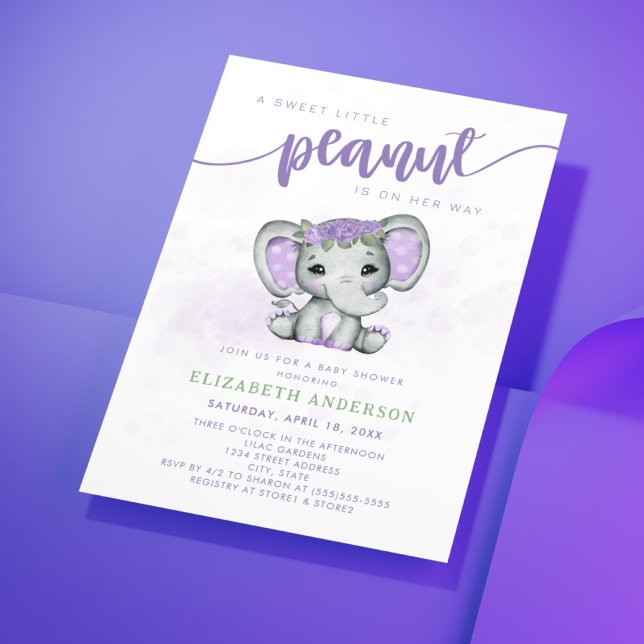 Invitation Eléphant Violet Petit Baby shower Fille Arachide (Créateur téléchargé)