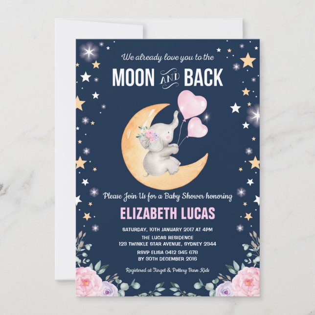 Invitation Elephant Vous Aimez à la Lune et le Baby shower ar (Devant)