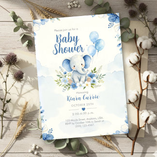 Invitation Éléphante Florale Ballon Bleu pour Baby Shower