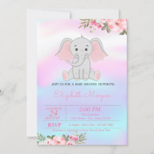 Invitation Éléphanteau fille, Baby Shower holographique flora