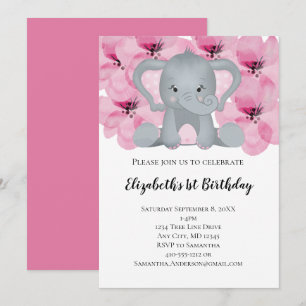 Invitation Éléphanteau fille rose fleurs floral mignon