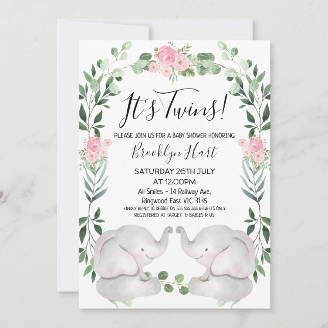 Invitation Eléphants à couronne rose fleurie Baby shower jume (Devant)