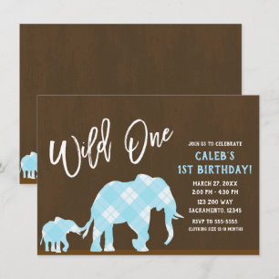 Invitation Éléphants Bleus Marron Moderne WILD ONE 1er Annive