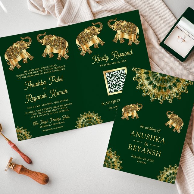 Invitation Eléphants d'ethnie d'or vert Indien Code QR Mariag (Créateur téléchargé)