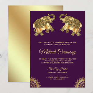 Invitation Éléphants en or violet Cérémonie indienne de henné