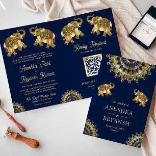 Invitation Éléphants ethniques indiens Code QR Mariage Or Ble