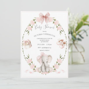 Invitation Éléphants Fleurs Hydrangeas Rose Fille Baby Shower