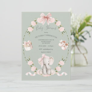 Invitation Éléphants Fleurs Hydrangeas Sauge Fille Baby Showe