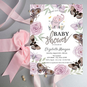 Invitation Éléphants Fleurs Papillons Rose Baby Shower