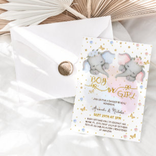 Invitation Eléphants Genre Révéler Rose Bleu Floral