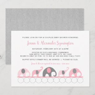 Invitation Eléphants gris rose Couples fille Baby shower