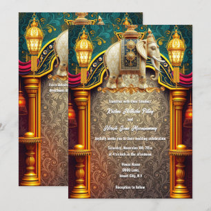 Invitation Eléphants indiens bordeaux lanternes d'or luxueux