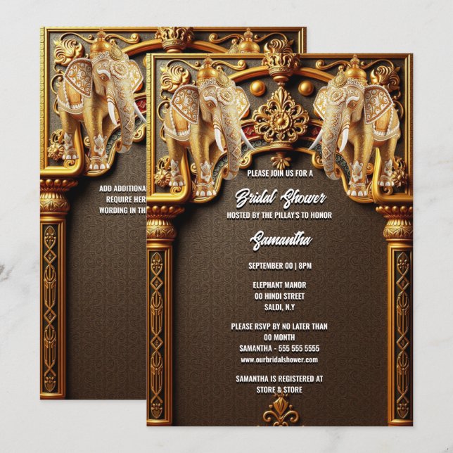 Invitation Éléphants indiens dorés floraux luxe douche de mar (Devant / Derrière)
