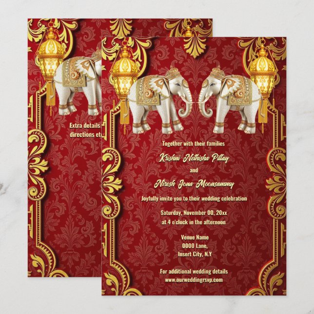 Invitation Eléphants indiens lanternes d'or bordeaux hindi ch (Devant / Derrière)