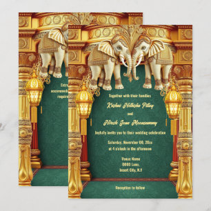 Invitation Eléphants indiens lanternes vert or luxueux