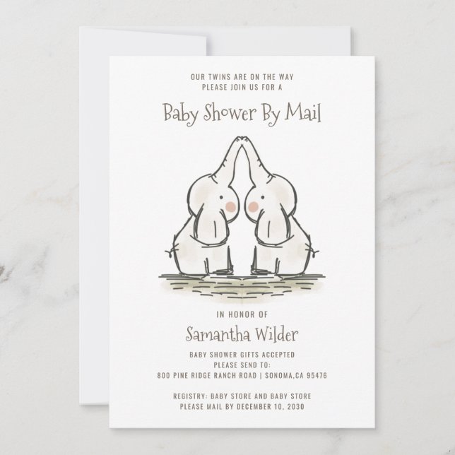 Invitation Eléphants Jumeaux Cute Baby shower Par Mail (Devant)
