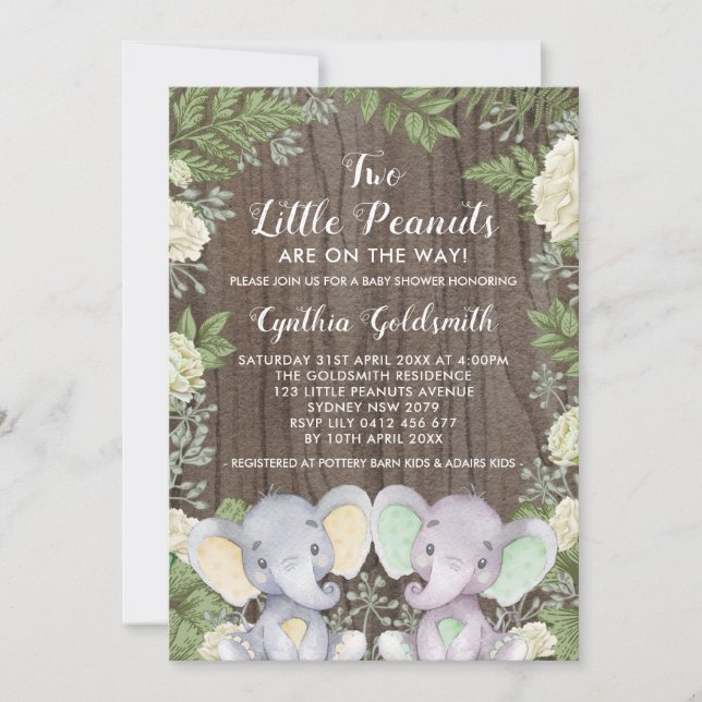Invitation Eléphants Jumeaux Neutres Rustiques Baby shower de (Devant)