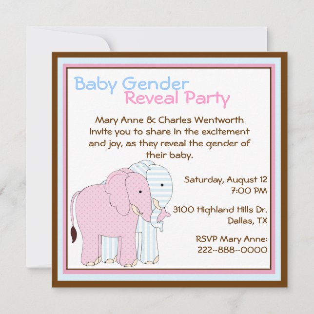 Invitation Eléphants mignons Bébé Genre Reveal Party (Devant)
