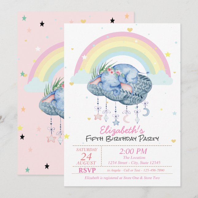 Invitation Eléphants mignons Etoiles arc-en-ciel Anniversaire (Devant / Derrière)
