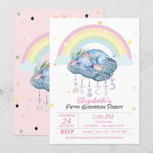 Invitation Eléphants mignons Etoiles arc-en-ciel Anniversaire